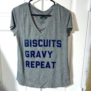 Large Biscuits Gravy Repeat gray comfy t shirt with criss cross